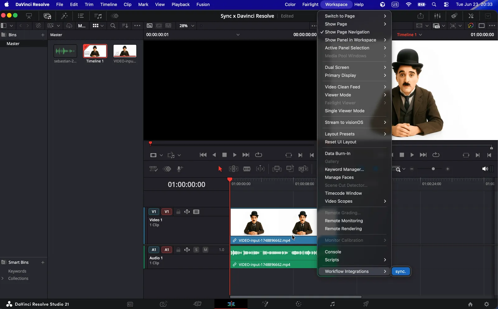 Workspace > Workflow Integrations > sync. menu in DaVinci Resolve